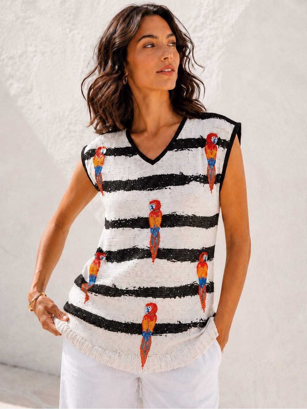 Tricotto Art to Wear Parrot Embroidered Striped Sleeveless V-Neck Knit Top Small